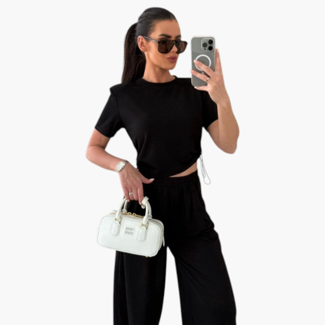 Conjunto de duas peças para mulher com calças de pernas largas