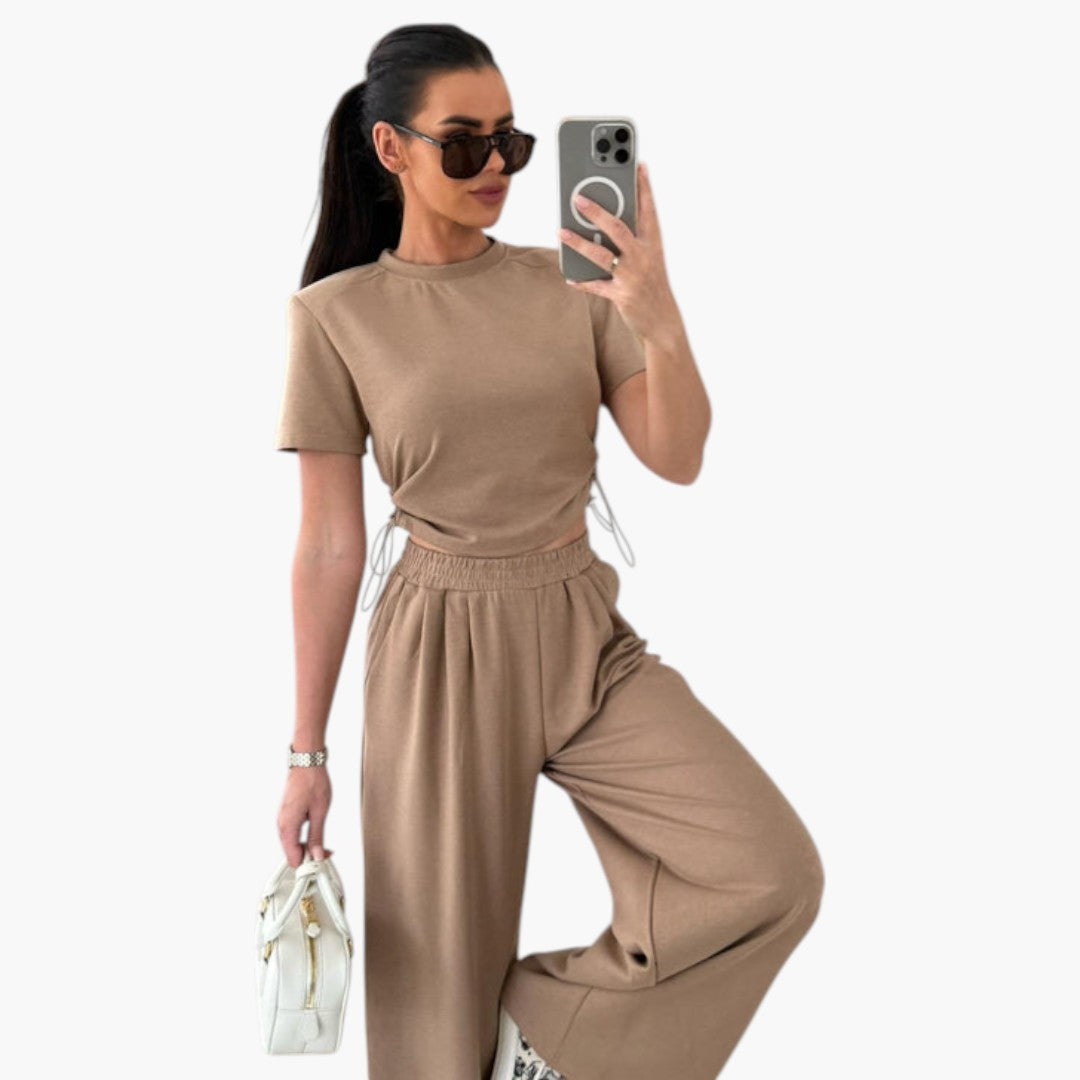 Conjunto de duas peças para mulher com calças de pernas largas