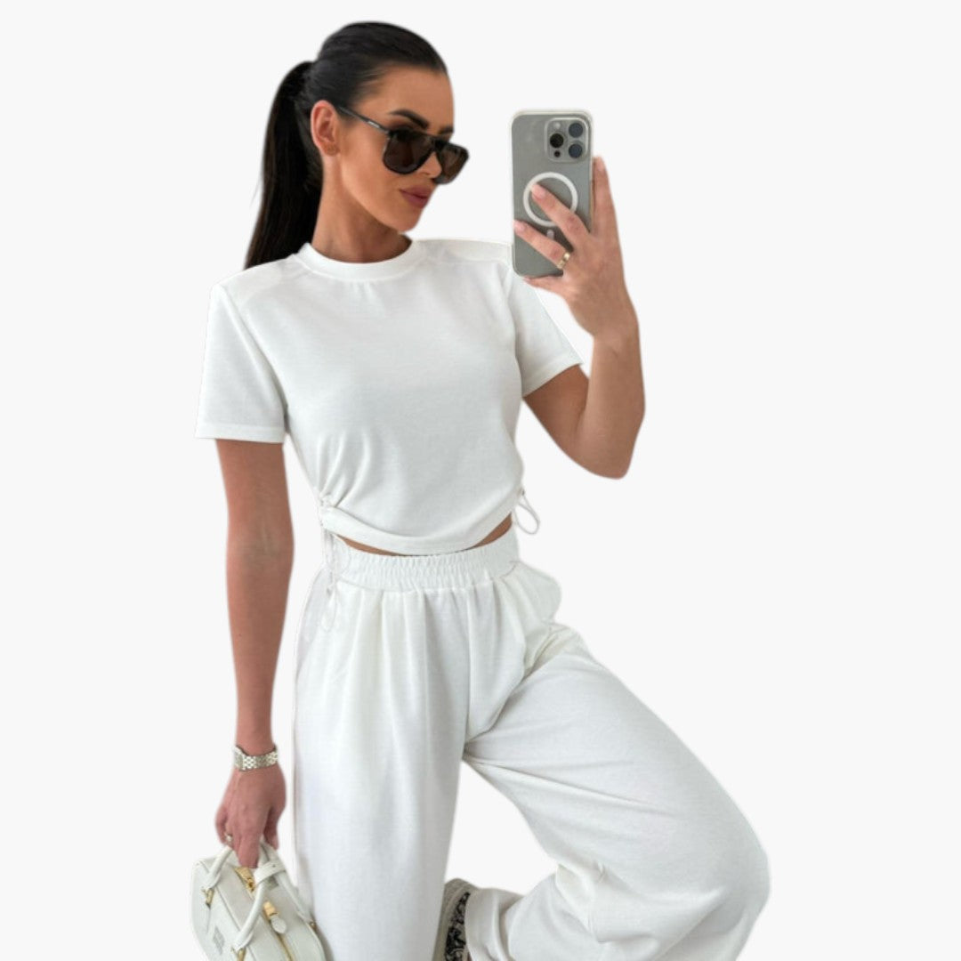 Conjunto de duas peças para mulher com calças de pernas largas