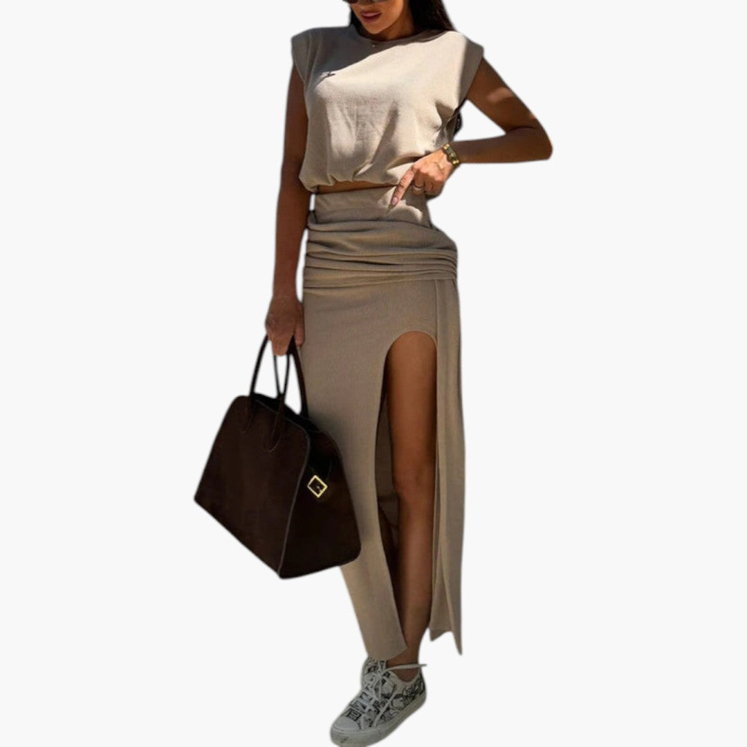 Completo due pezzi donna con top corto e gonna maxi