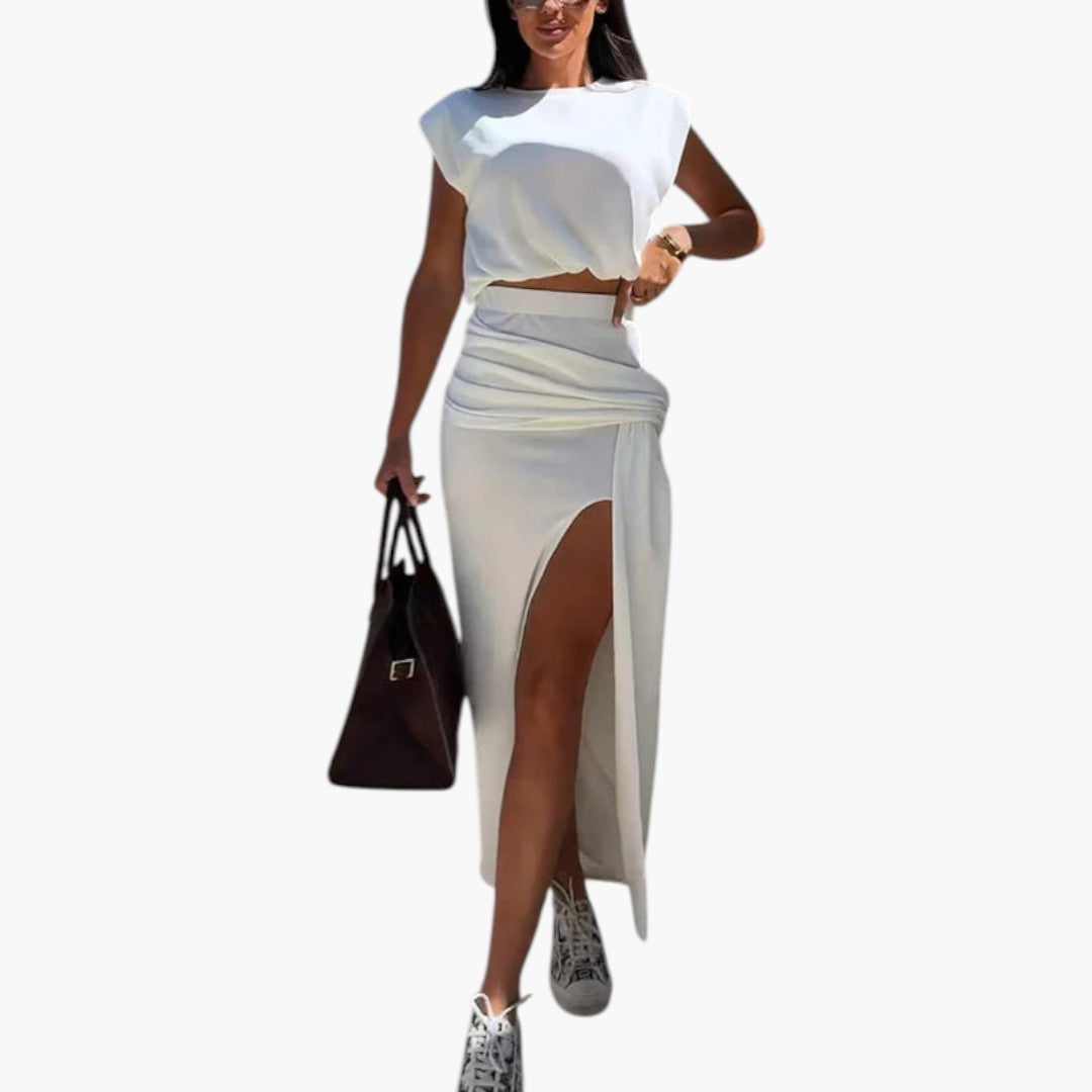 Completo due pezzi donna con top corto e gonna maxi