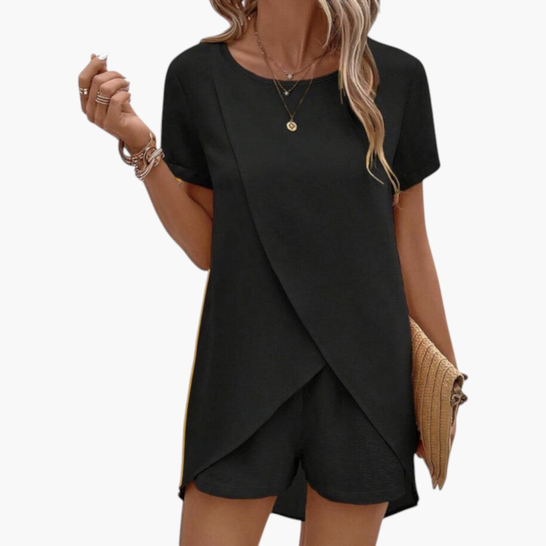 Two-piece women's set with crossover top and matching shorts