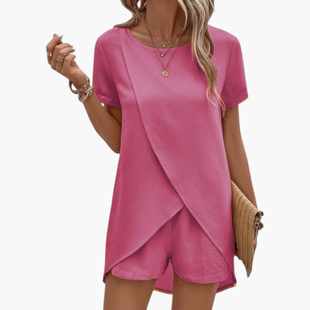 Two-piece women's set with crossover top and matching shorts