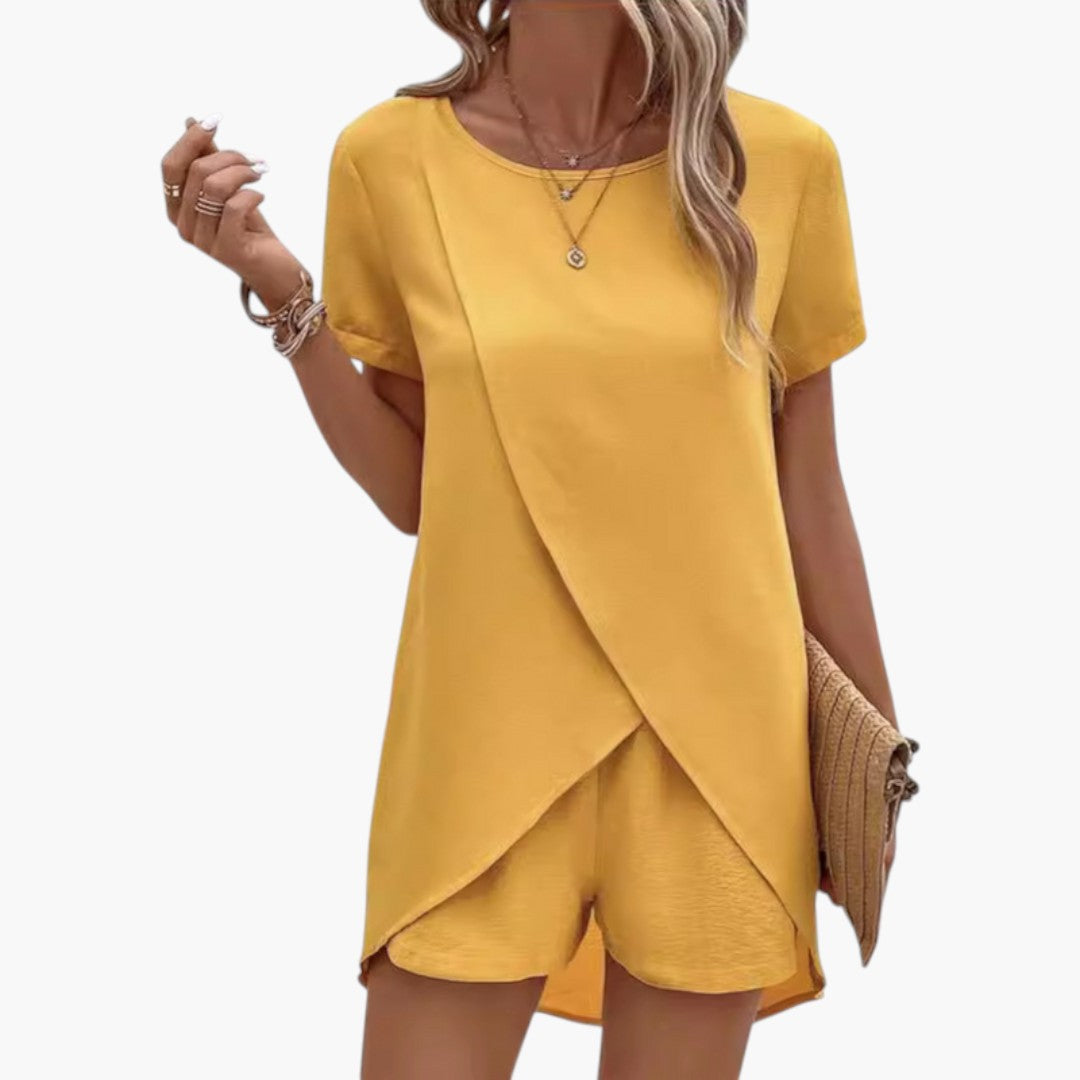 Two-piece women's set with crossover top and matching shorts