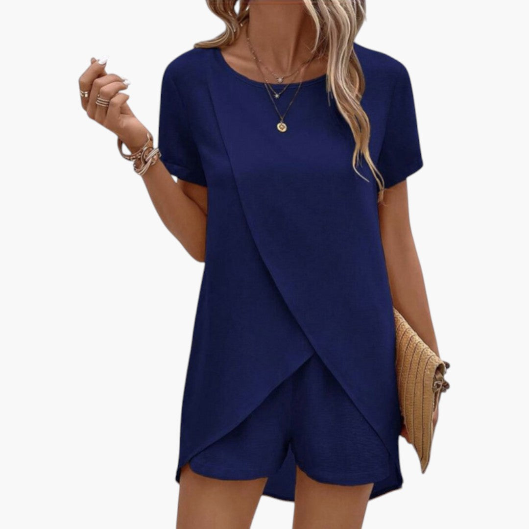 Two-piece women's set with crossover top and matching shorts