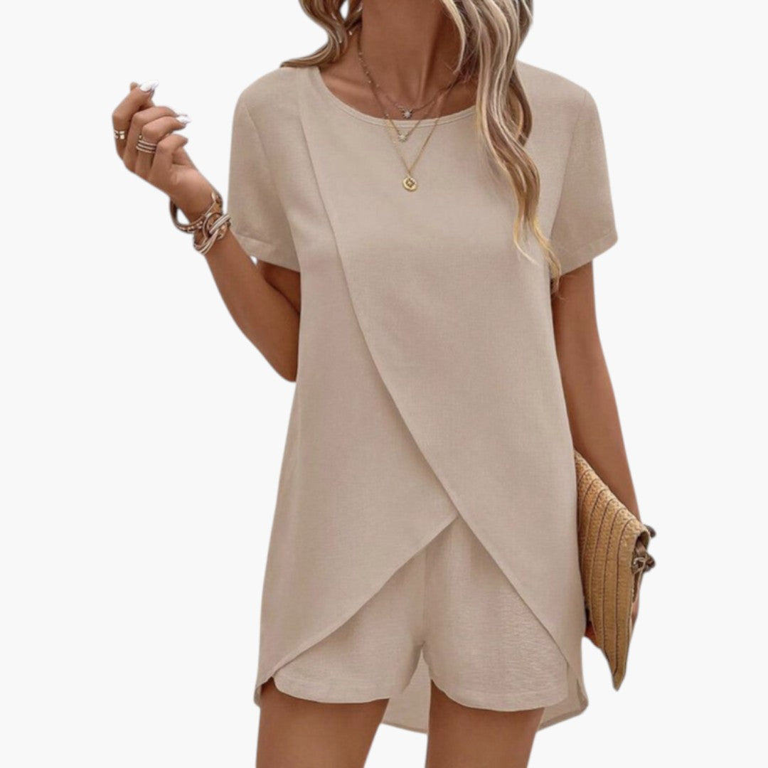 Two-piece women's set with crossover top and matching shorts