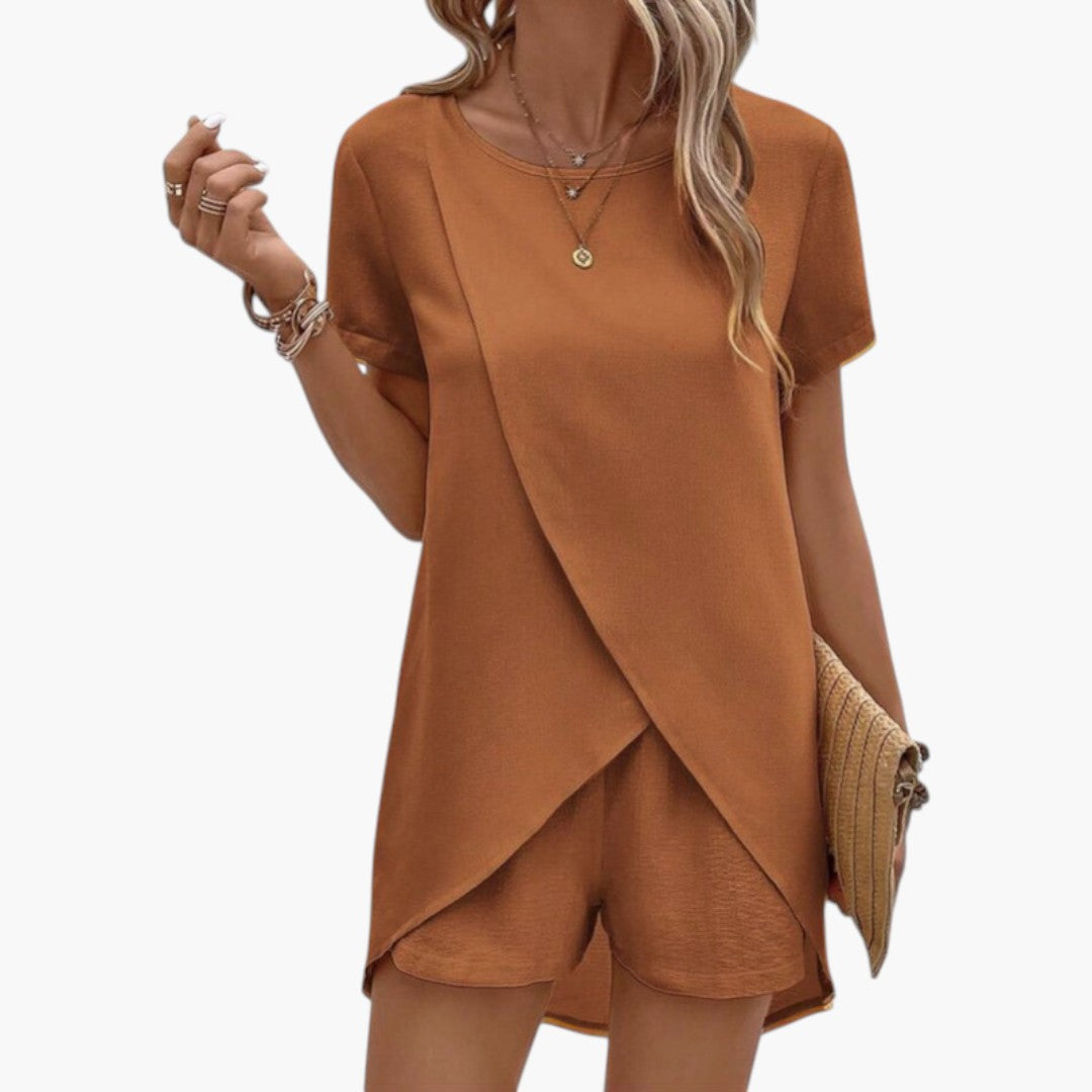 Two-piece women's set with crossover top and matching shorts