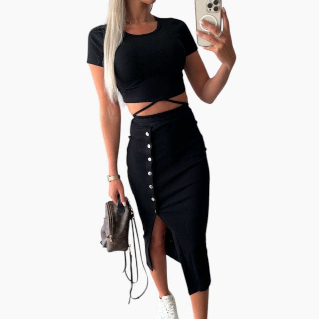 Two-piece women's set with button skirt