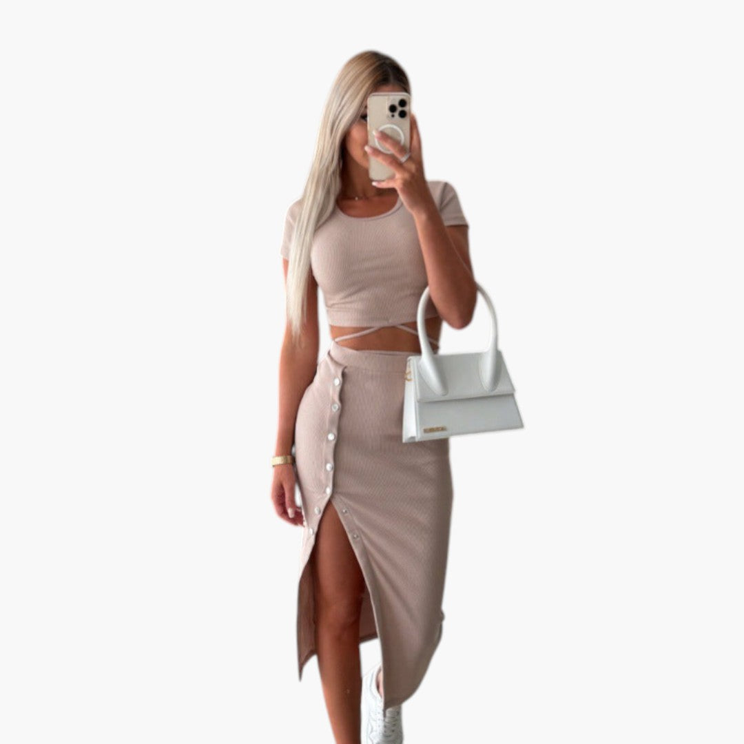 Two-piece women's set with button skirt