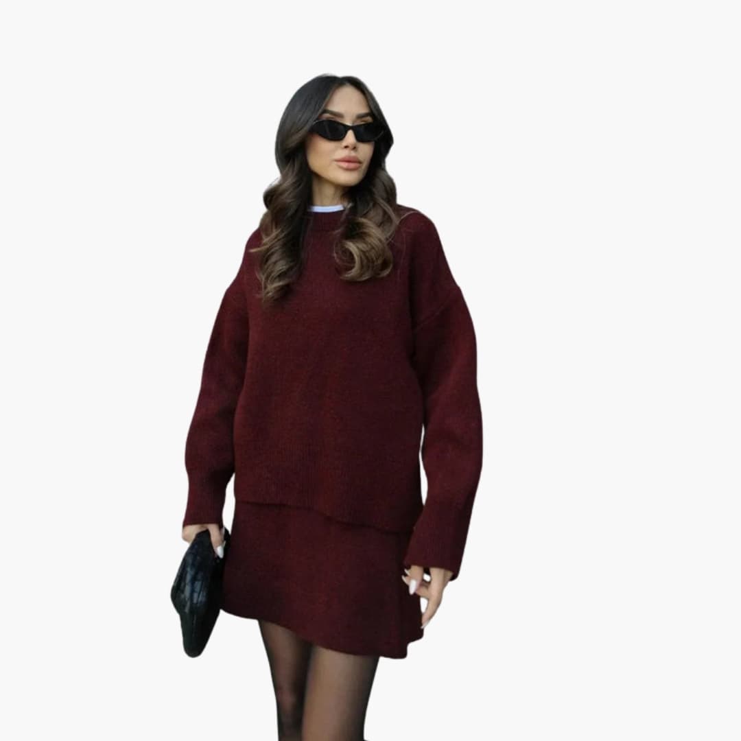 Women's knit set with long-sleeve sweater and short skirt