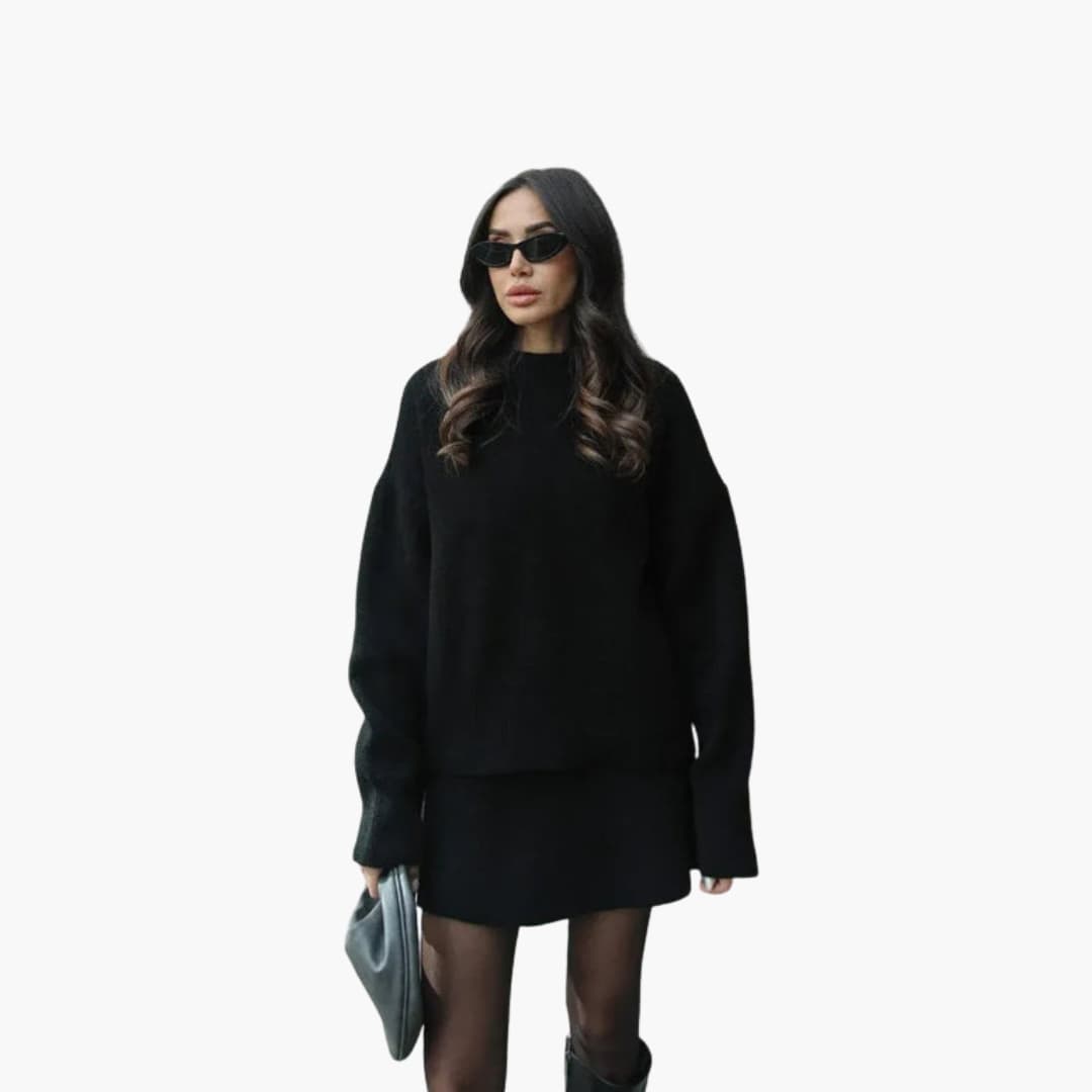 Women's knit set with long-sleeve sweater and short skirt