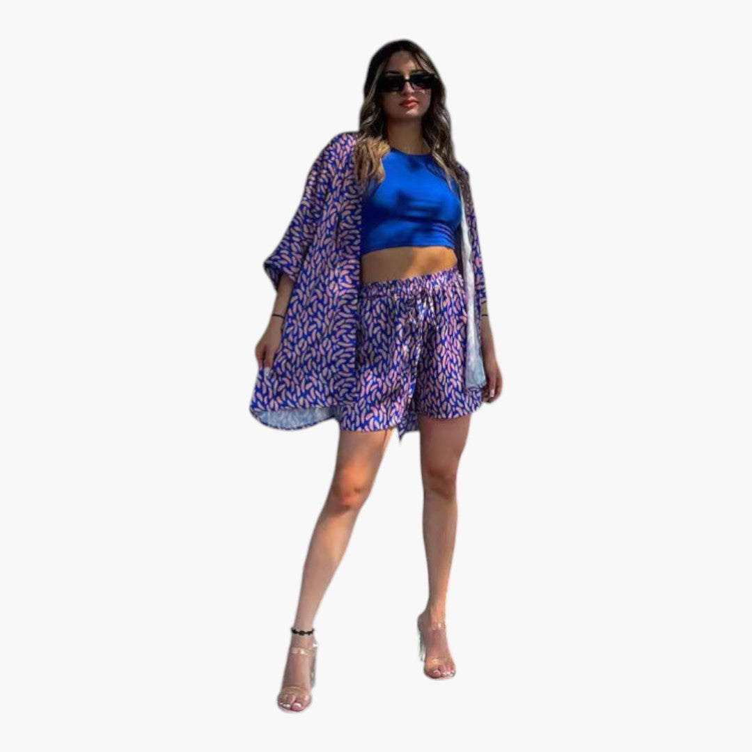 Conjunto de verão para senhora com casaco de mangas curtas