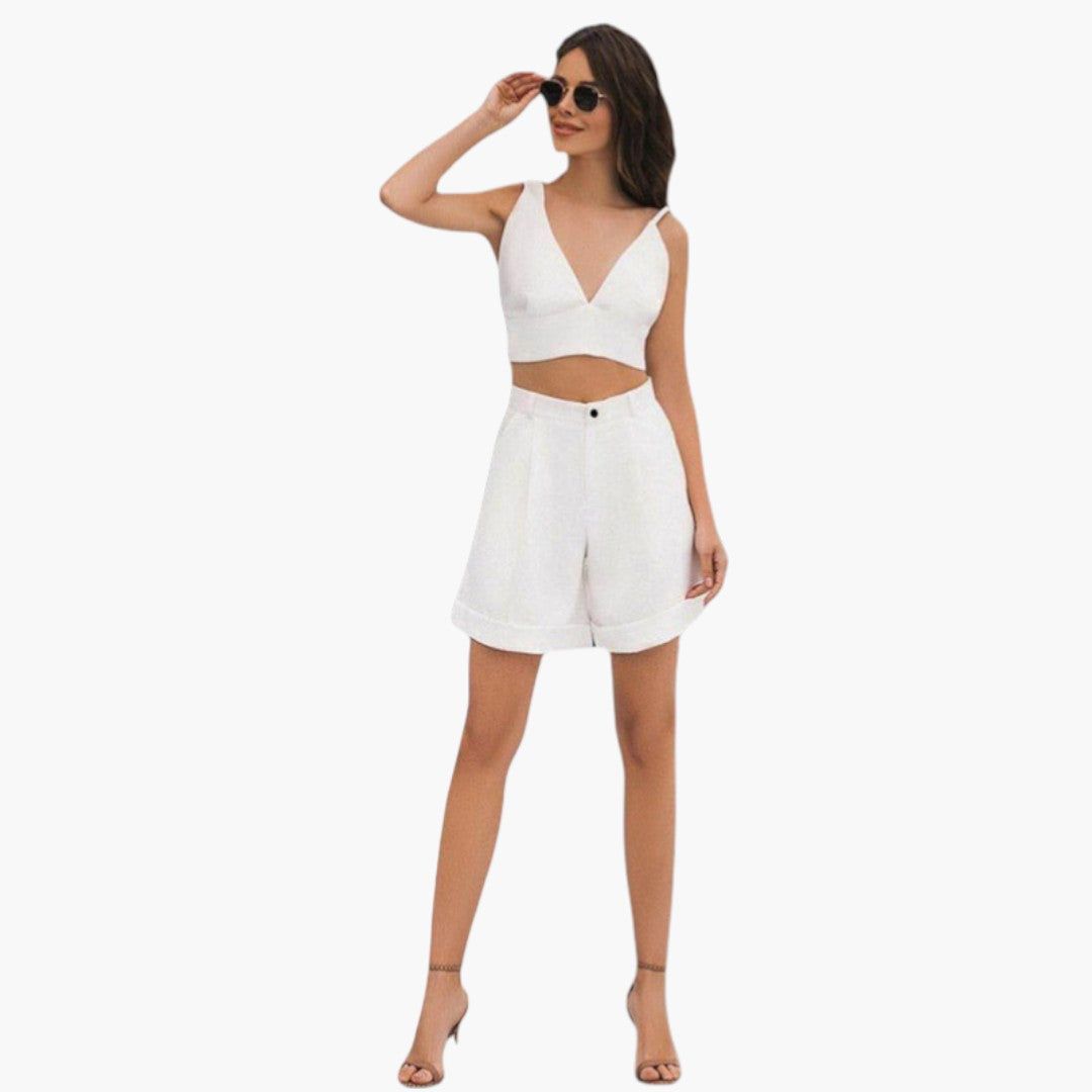 Women's set with short V-neck top and elastic waist shorts