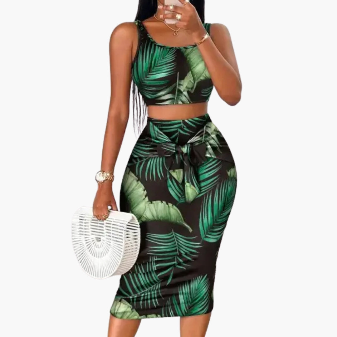 Women's set with short top and midi skirt with leaf pattern