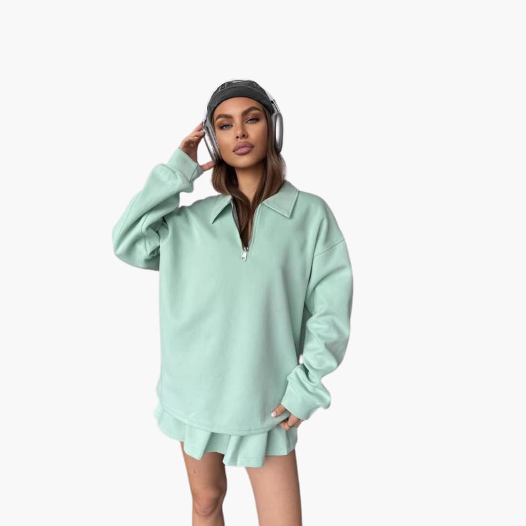 Women's set with zip-up collar sweater, long sleeves, and inner top