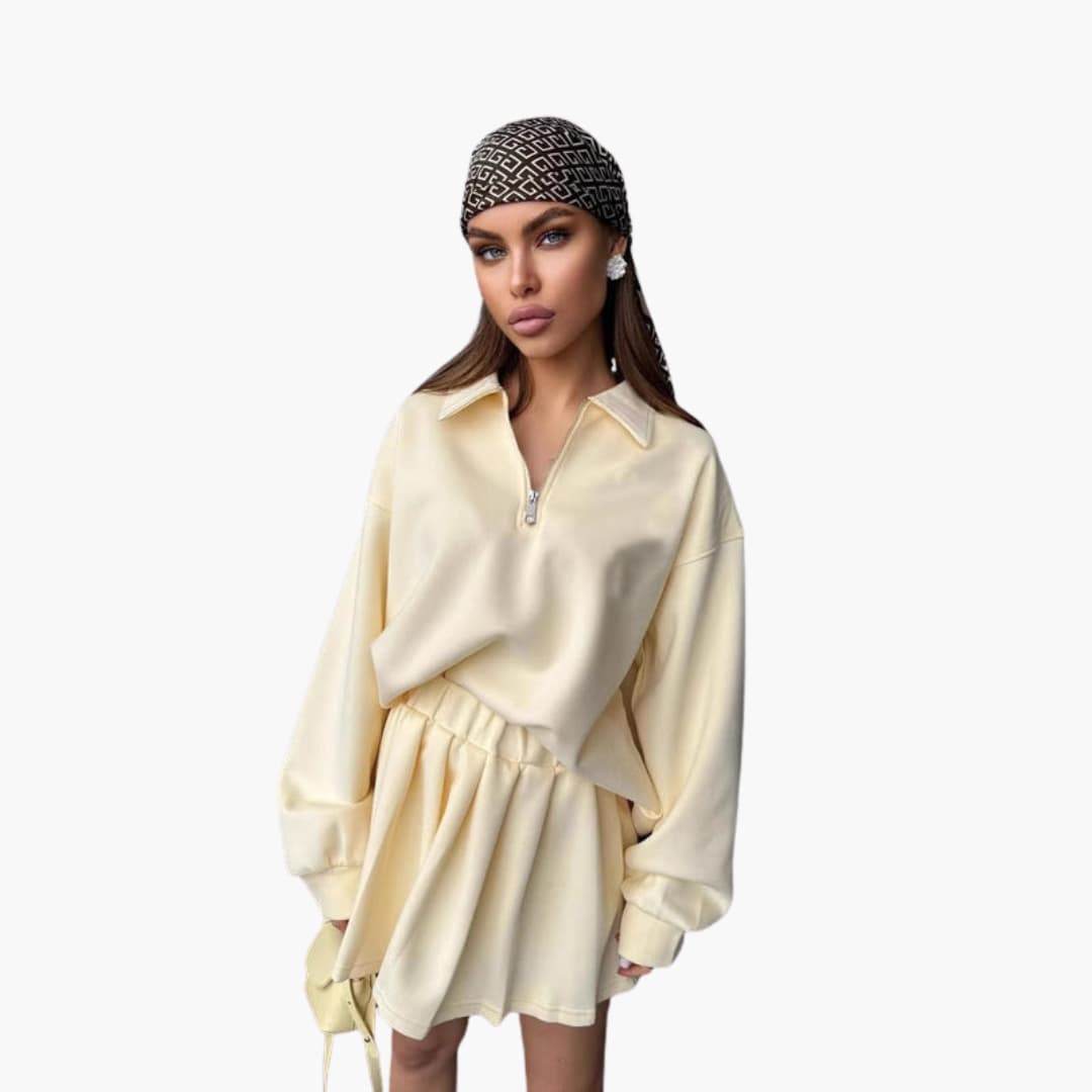 Women's set with zip-up collar sweater, long sleeves, and inner top