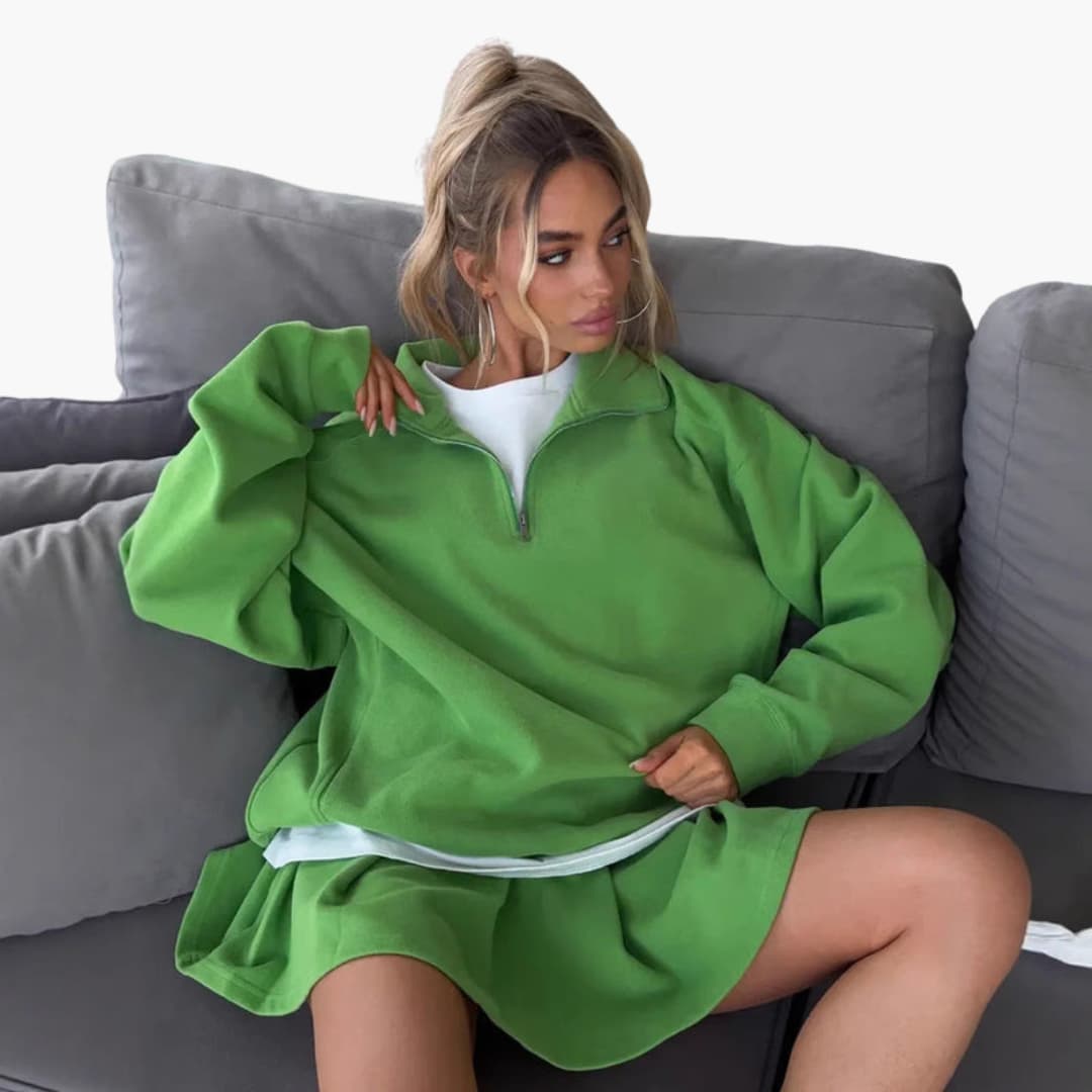 Women's set with zip-up collar sweater, long sleeves, and inner top