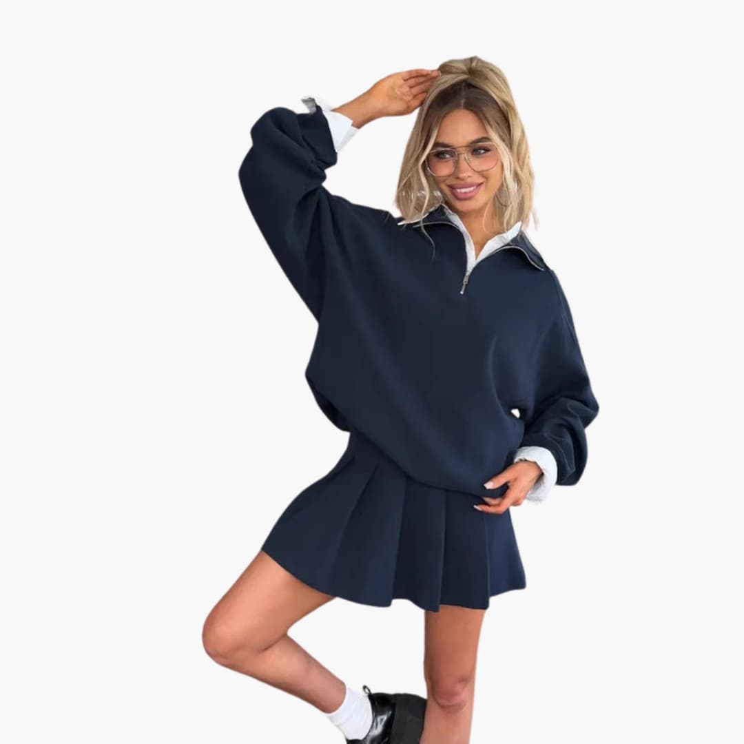 Women's set with zip-up collar sweater, long sleeves, and inner top