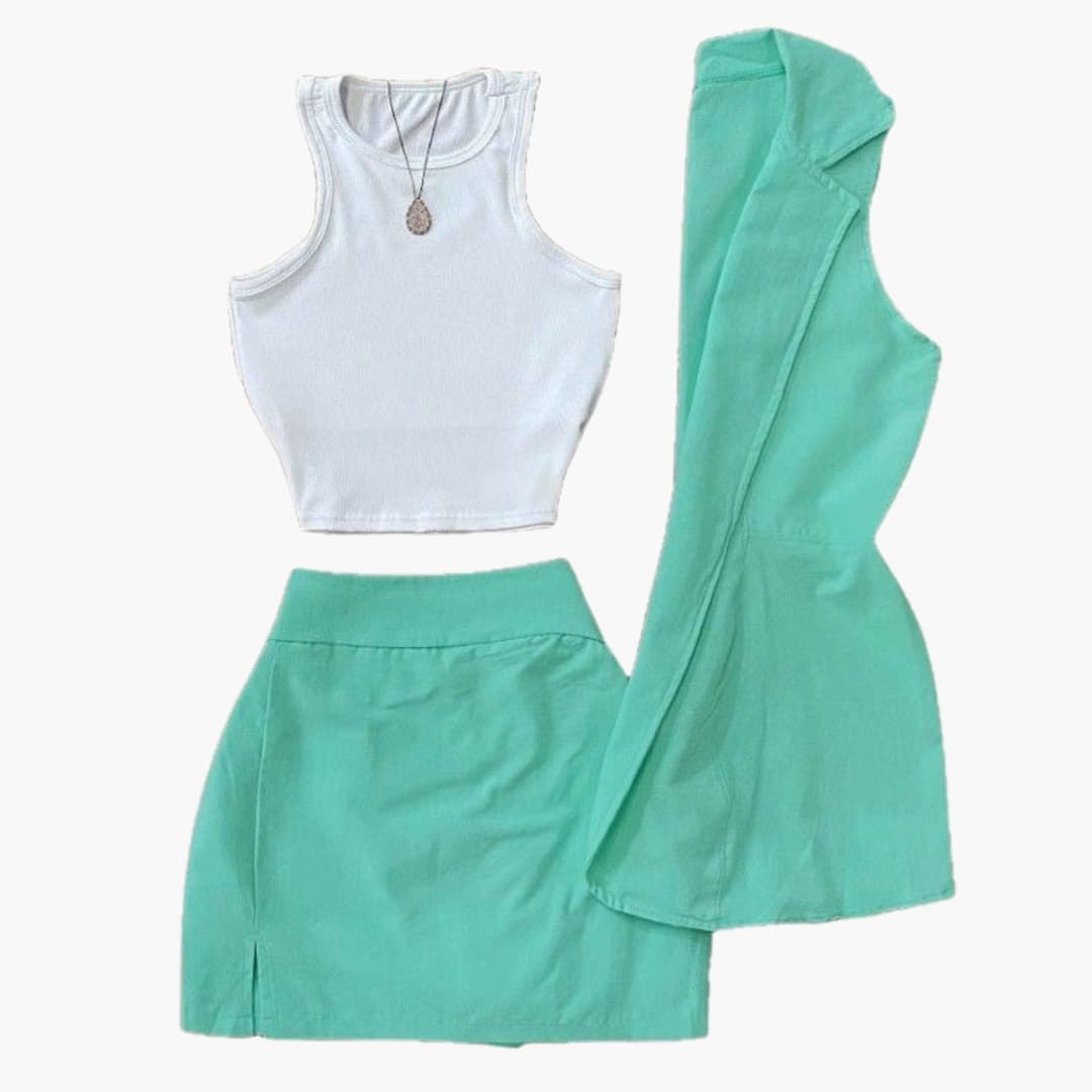 Women's set crop top and mini skirt with elastic waistband and side slits