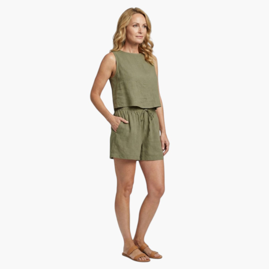 Conjunto feminino de duas peças com top curto sem mangas