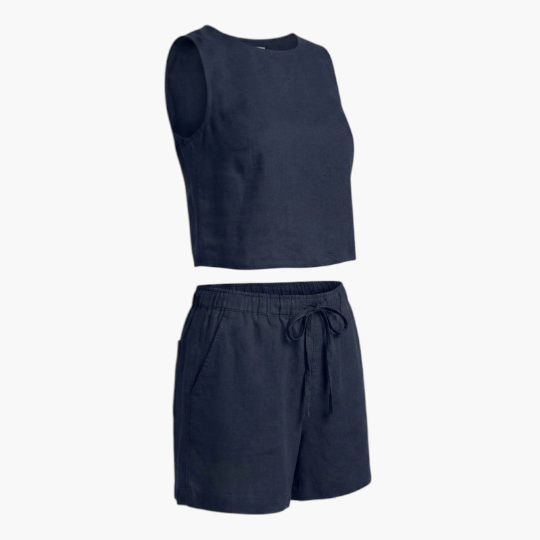 Conjunto feminino de duas peças com top curto sem mangas