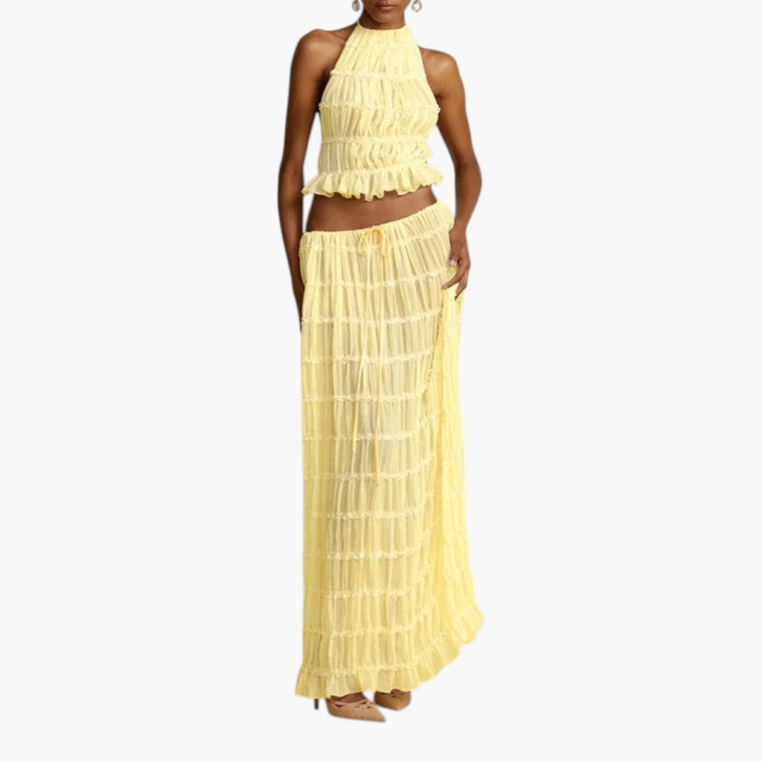 Conjunto feminino de duas peças com blusa de cordões