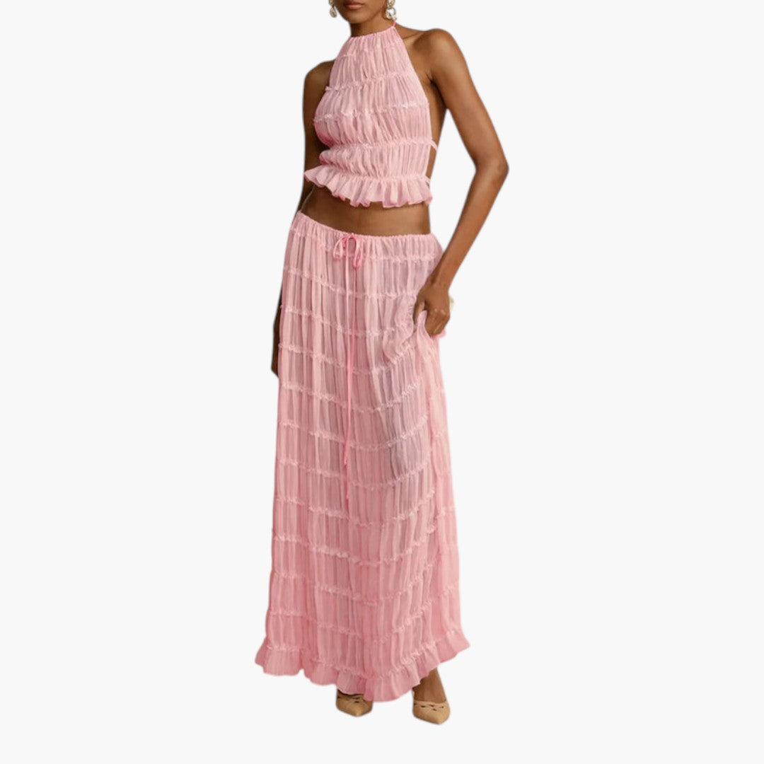 Conjunto feminino de duas peças com blusa de cordões