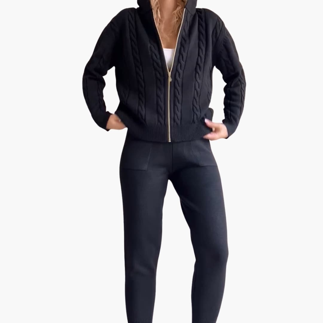 Completo donna in maglia due pezzi con giacca con zip e pantaloni a coste