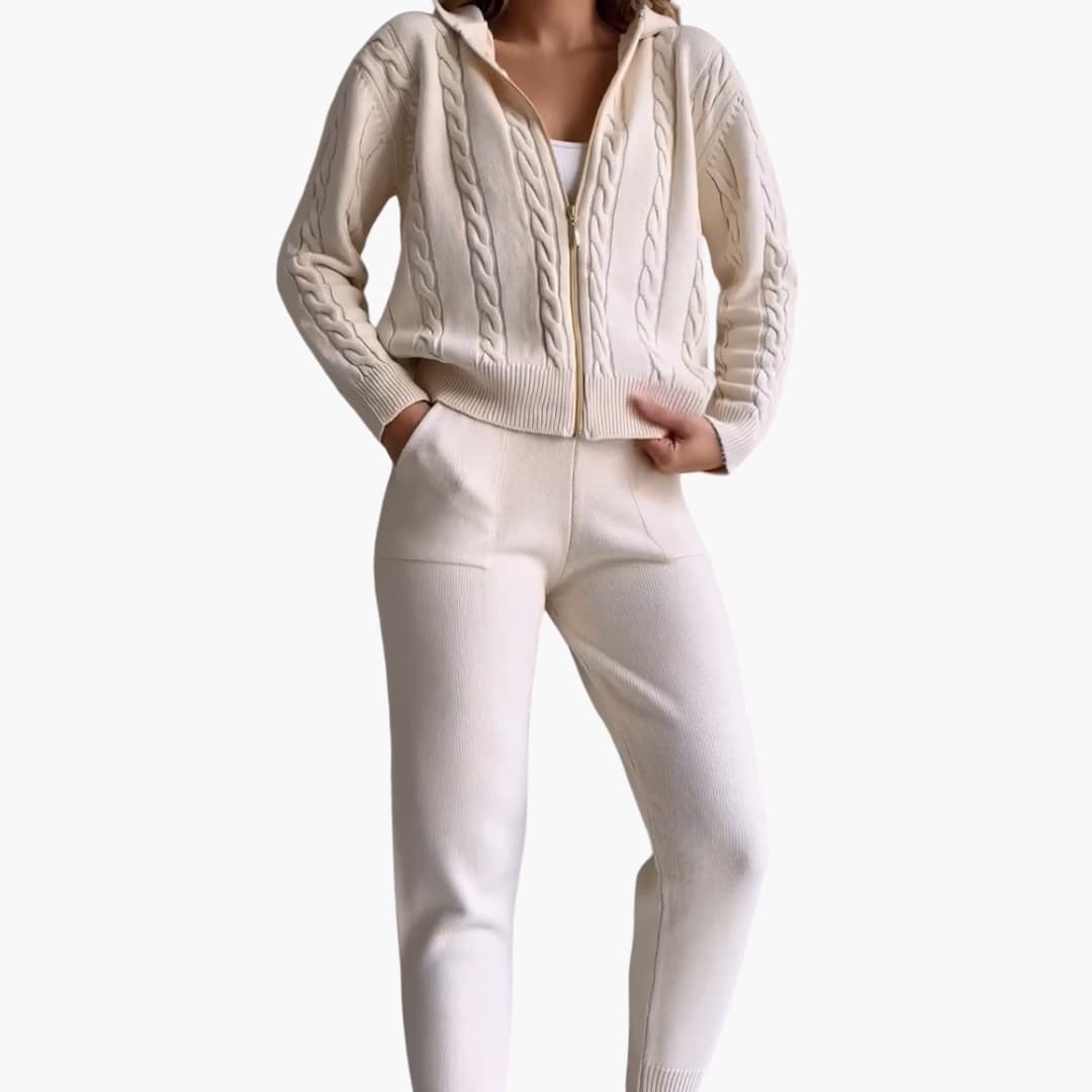 Completo donna in maglia due pezzi con giacca con zip e pantaloni a coste