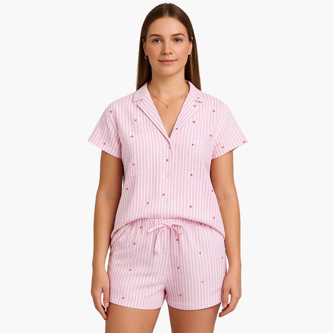 Women's 2-piece striped pajama set with button-up shirt and drawstring shorts