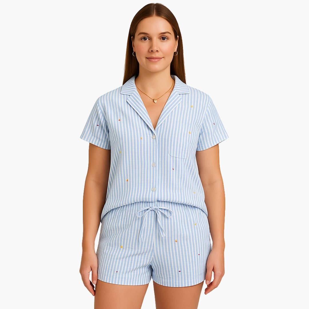Women's 2-piece striped pajama set with button-up shirt and drawstring shorts