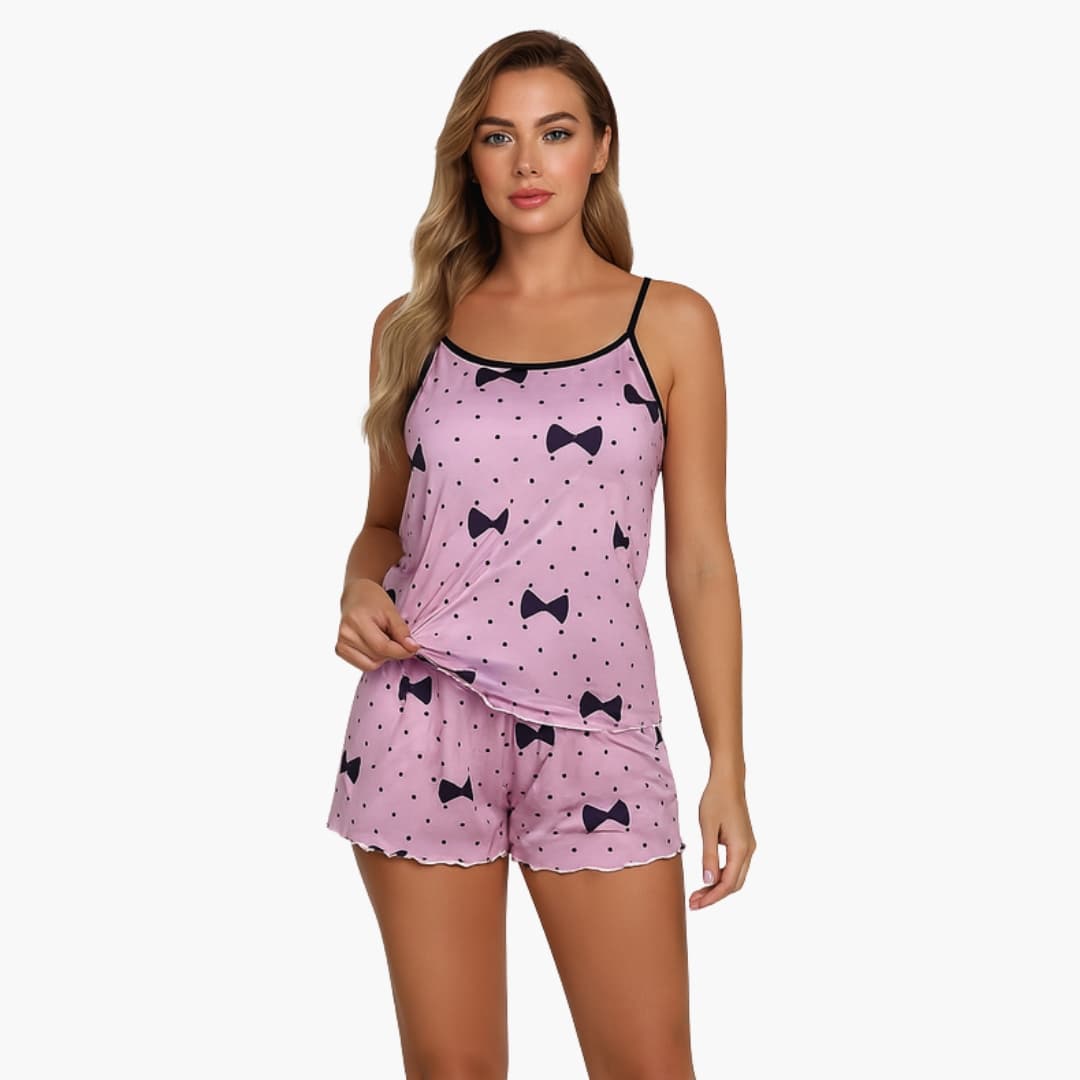 Conjunto de pijama feminino 2 peças com top de alças e calção com estampado animal