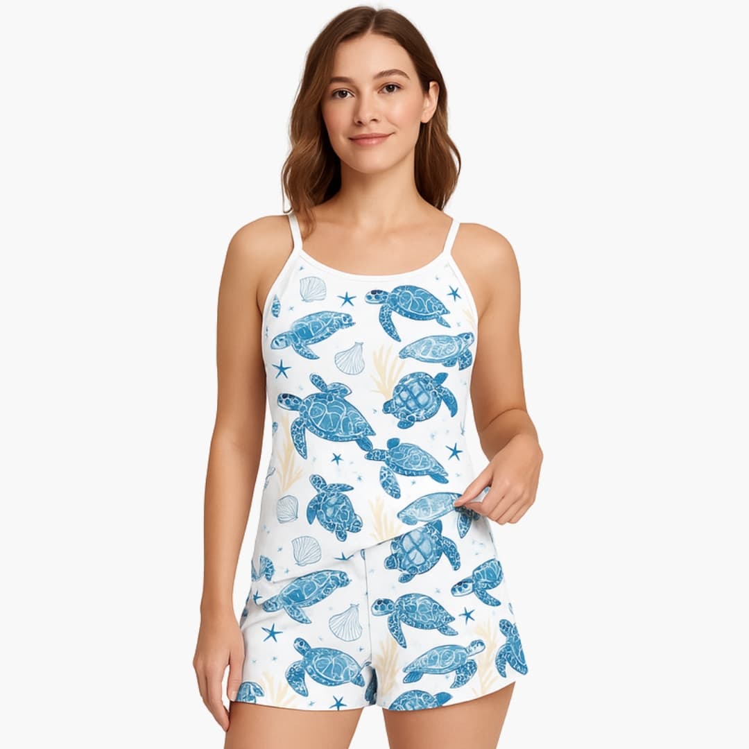 Conjunto de pijama feminino 2 peças com top de alças e calção com estampado animal