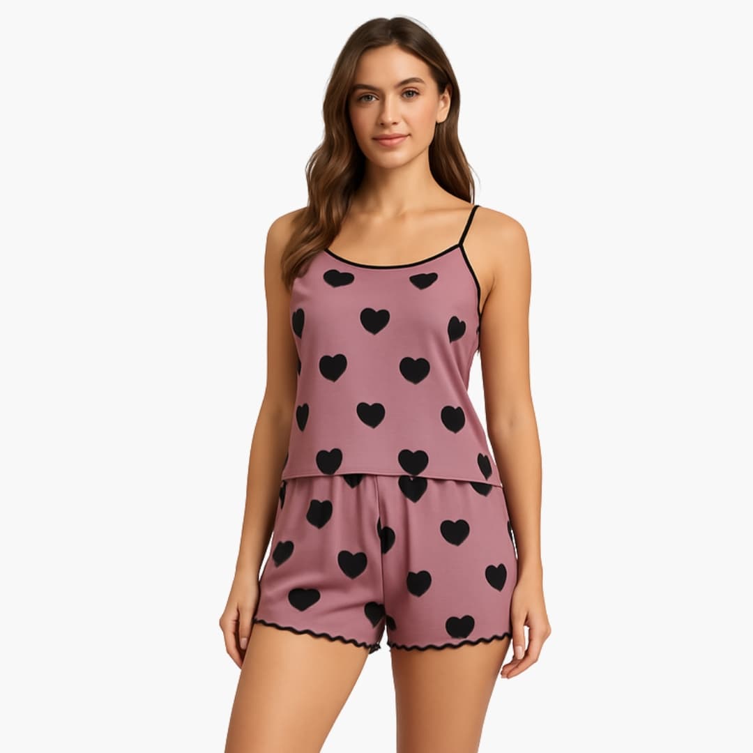 Conjunto de pijama feminino 2 peças com top de alças e calção com estampado animal