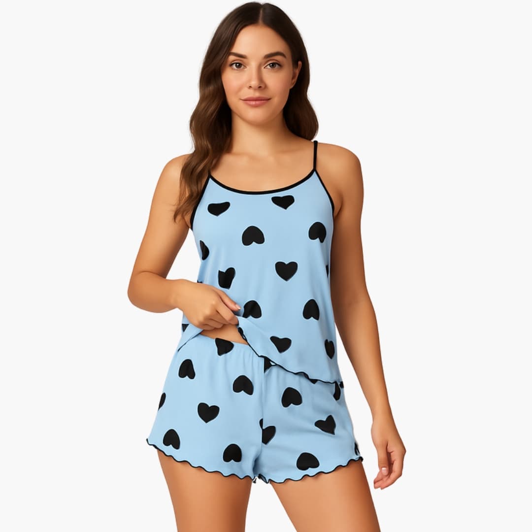 Conjunto de pijama feminino 2 peças com top de alças e calção com estampado animal