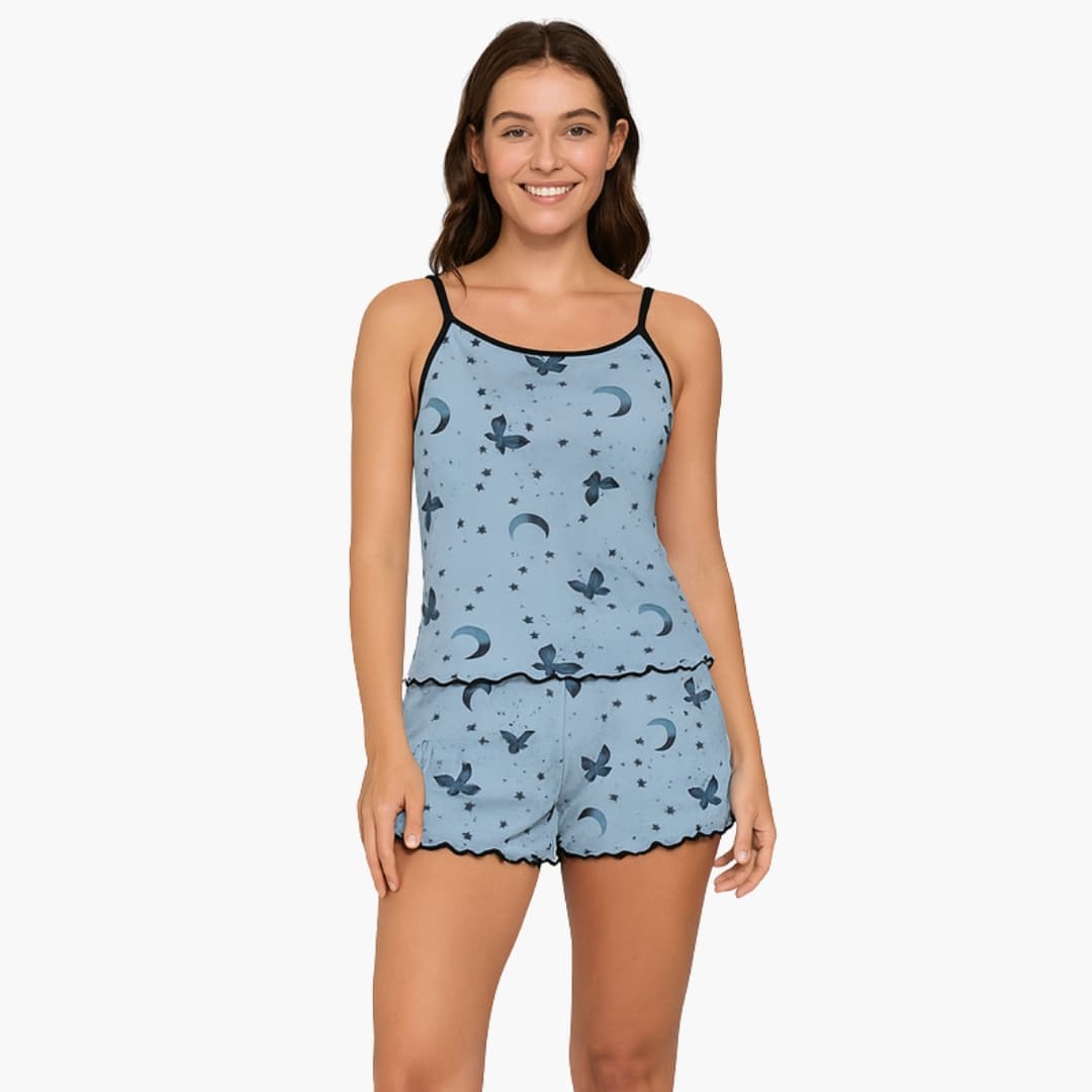 Conjunto de pijama feminino 2 peças com top de alças e calção com estampado animal