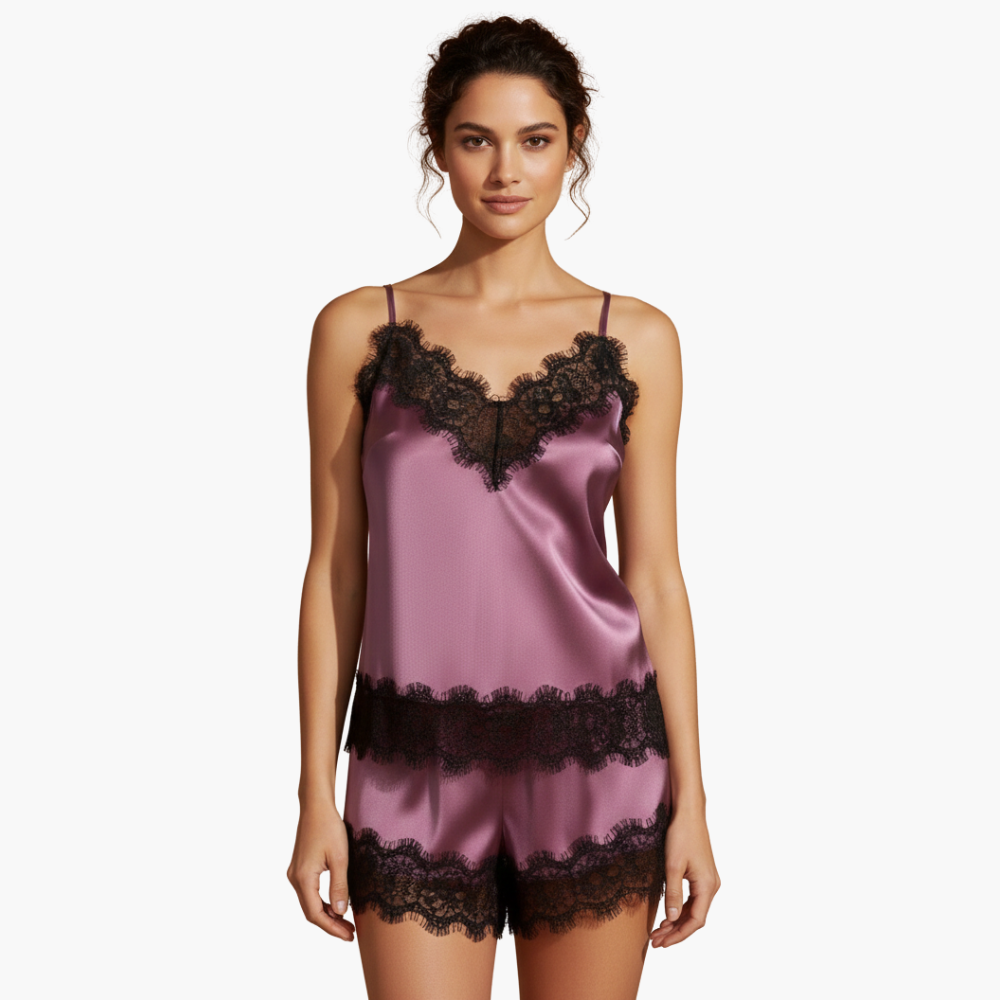 Women's satin pajama set with heart print and lace trim