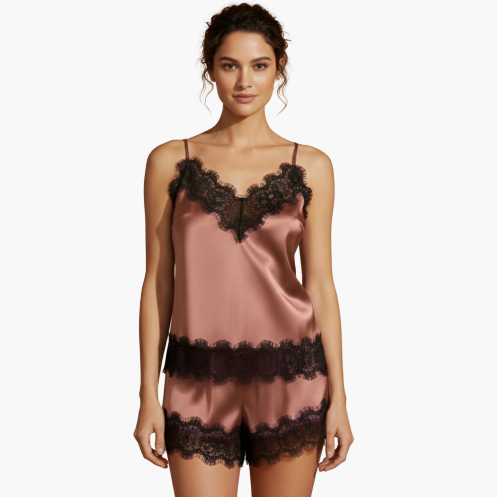 Women's satin pajama set with heart print and lace trim