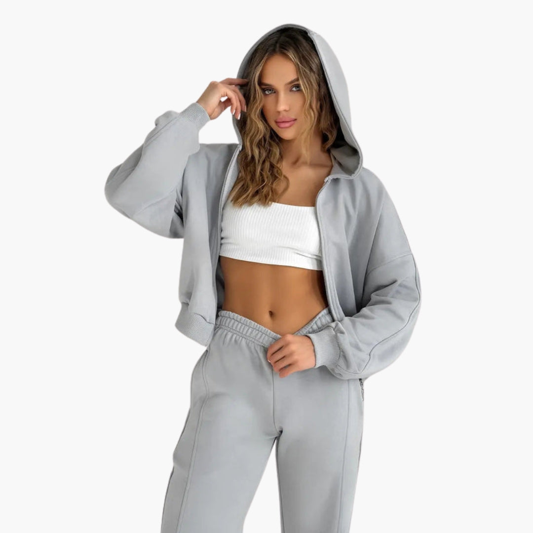 Conjunto de sweatshirt oversize com capuz para mulher com fecho éclair