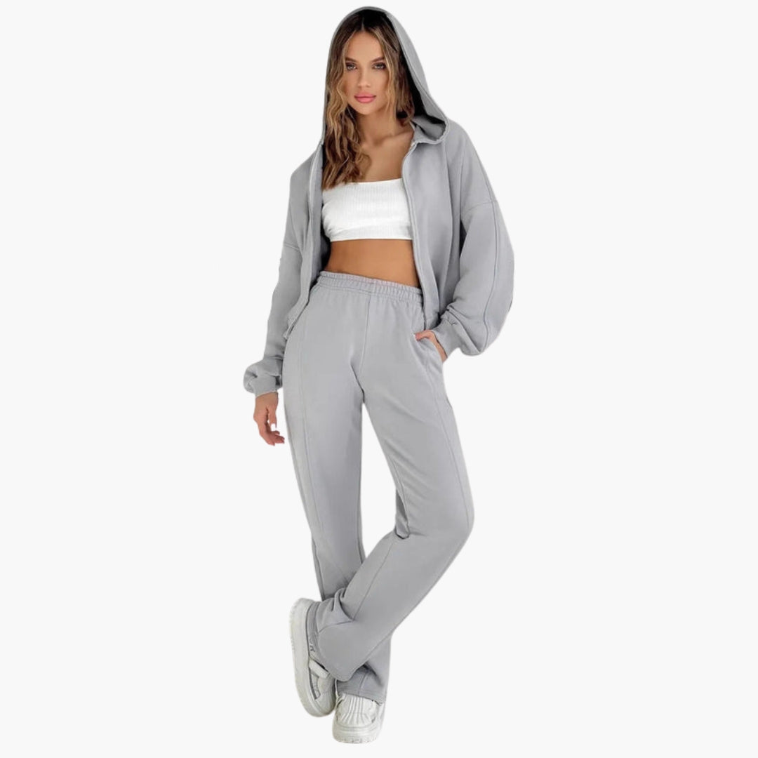 Conjunto de sweatshirt oversize com capuz para mulher com fecho éclair