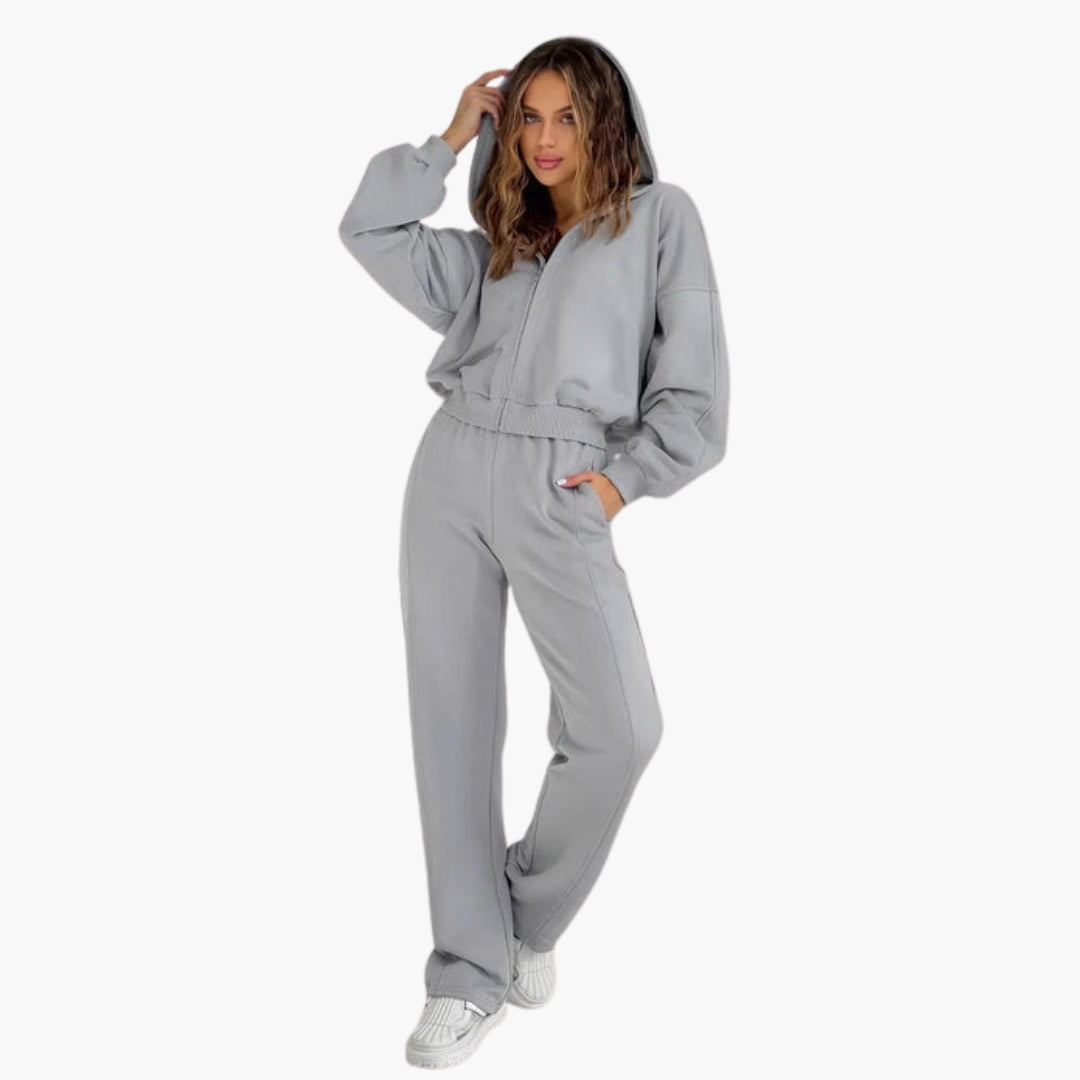 Conjunto de sweatshirt oversize com capuz para mulher com fecho éclair