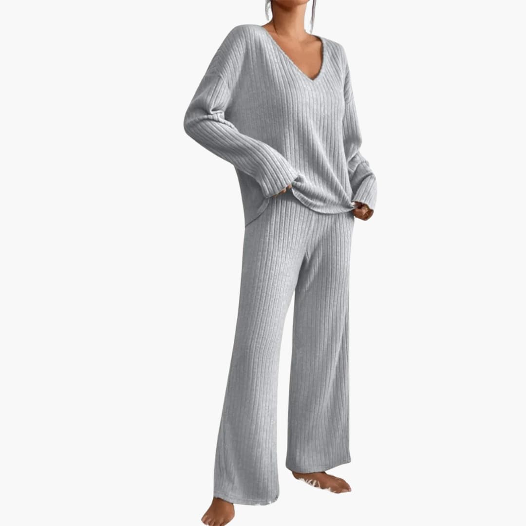 Women's two-piece ribbed knit set with V-neck top and wide-leg pants