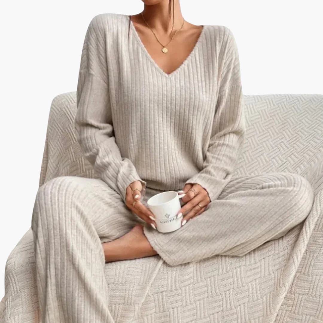 Women's two-piece ribbed knit set with V-neck top and wide-leg pants
