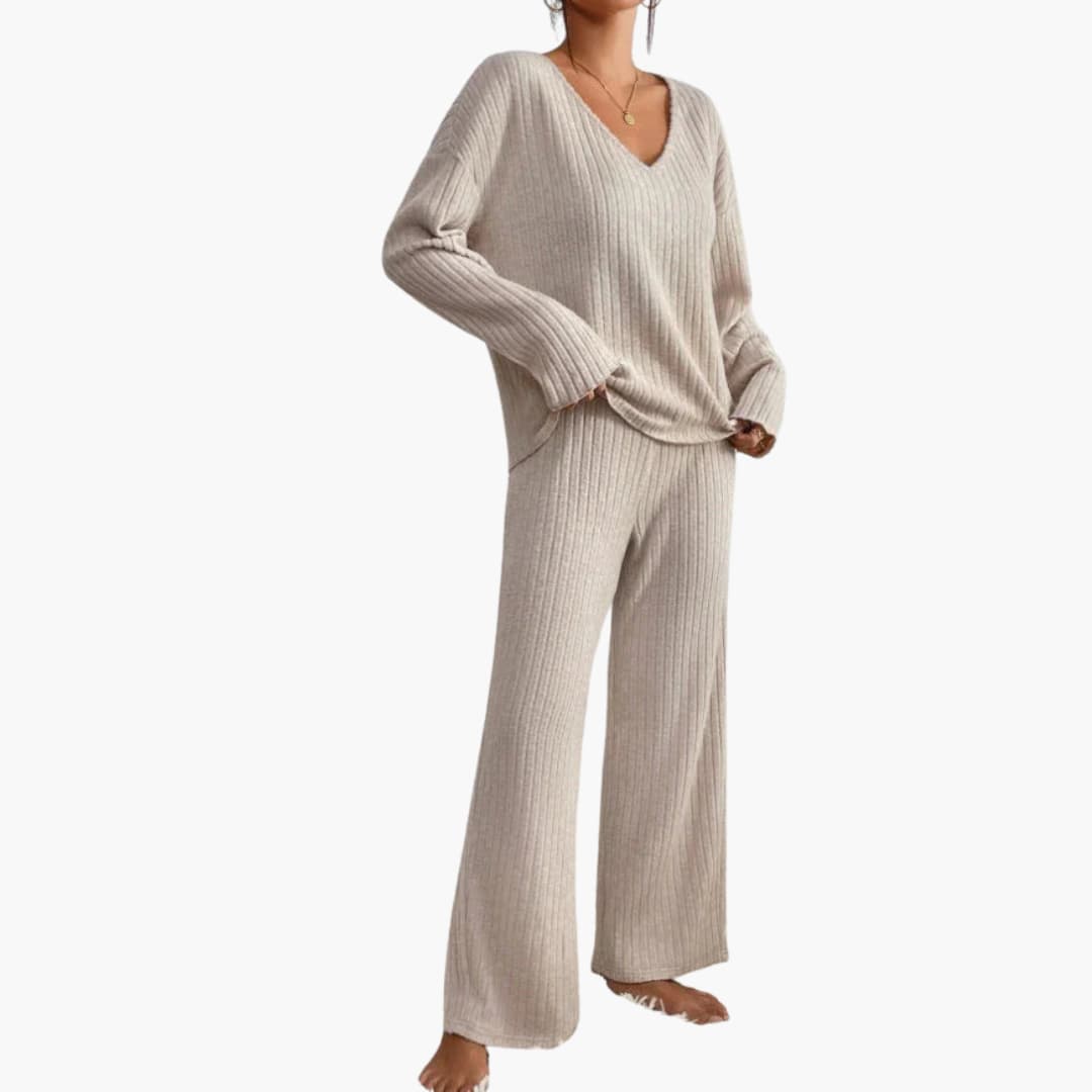 Women's two-piece ribbed knit set with V-neck top and wide-leg pants