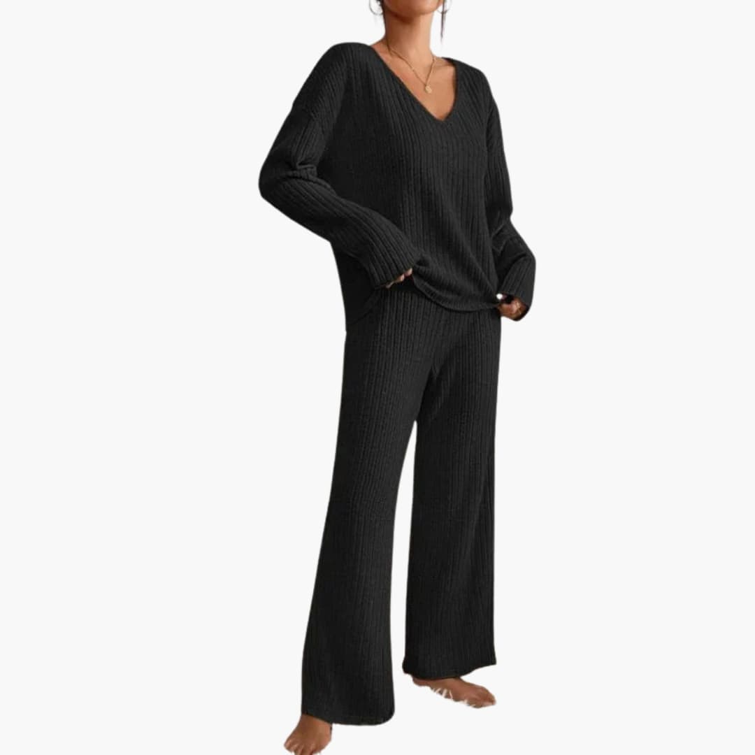 Women's two-piece ribbed knit set with V-neck top and wide-leg pants