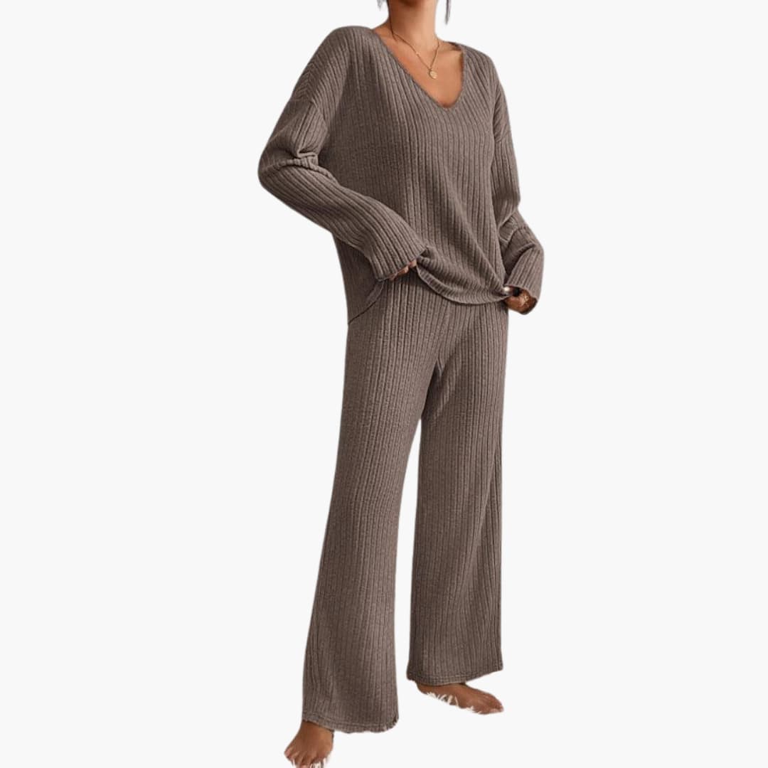 Women's two-piece ribbed knit set with V-neck top and wide-leg pants