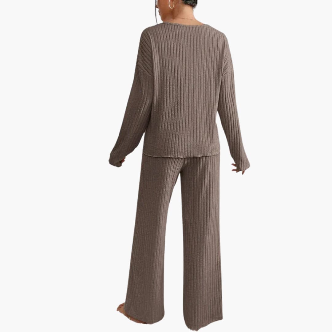 Women's two-piece ribbed knit set with V-neck top and wide-leg pants