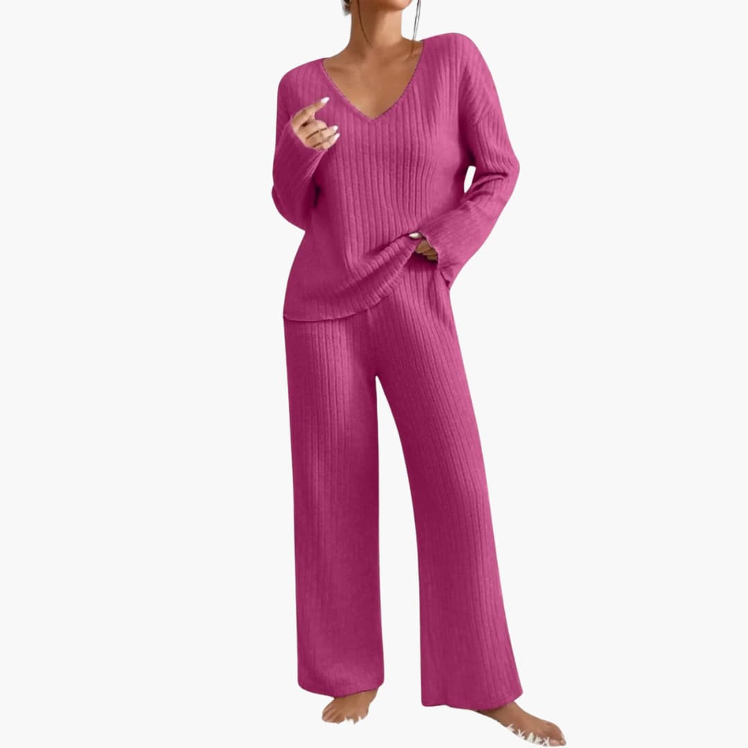 Women's two-piece ribbed knit set with V-neck top and wide-leg pants