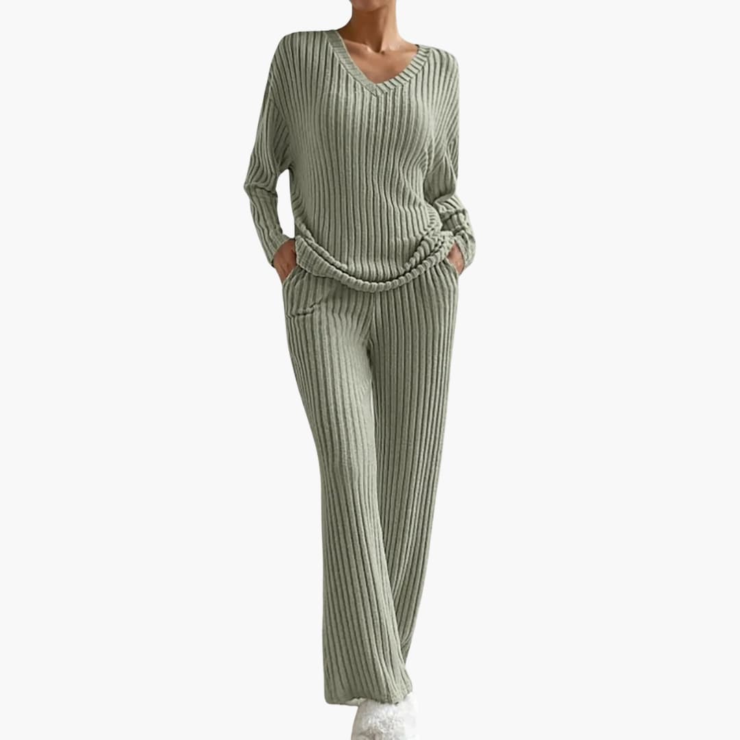 Women's two-piece ribbed knit set with V-neck top and wide-leg pants