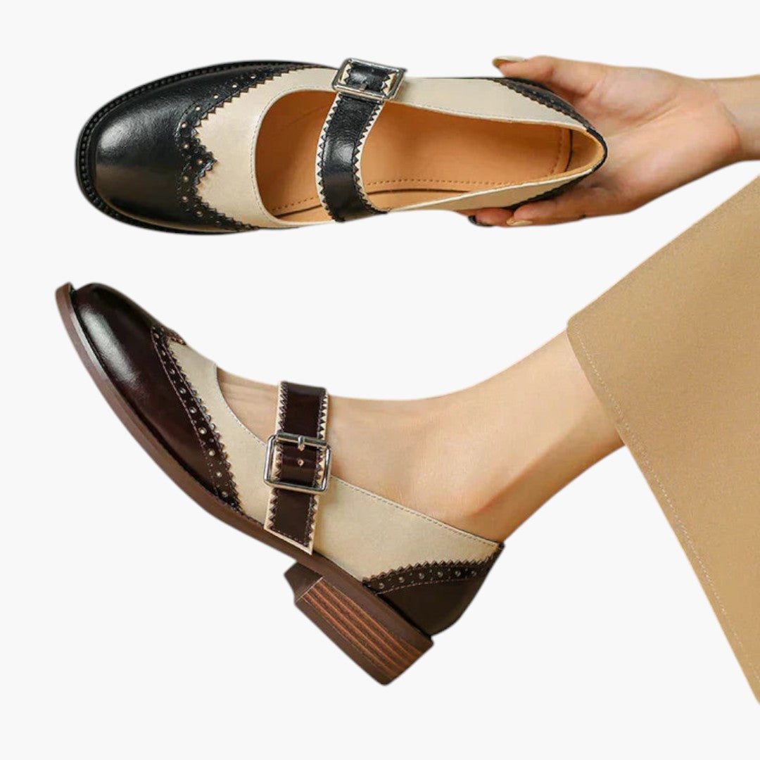 Damen Mary Jane Schuhe mit T-Riemen und Brogue-Details